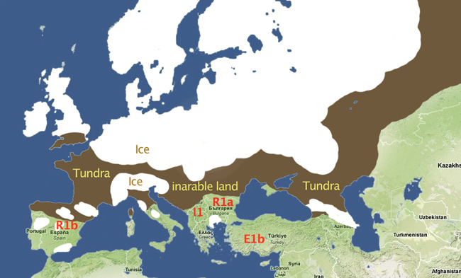 The tundra, south of the ice, was inarable, so mankind was forced further south into 3 basic refugia